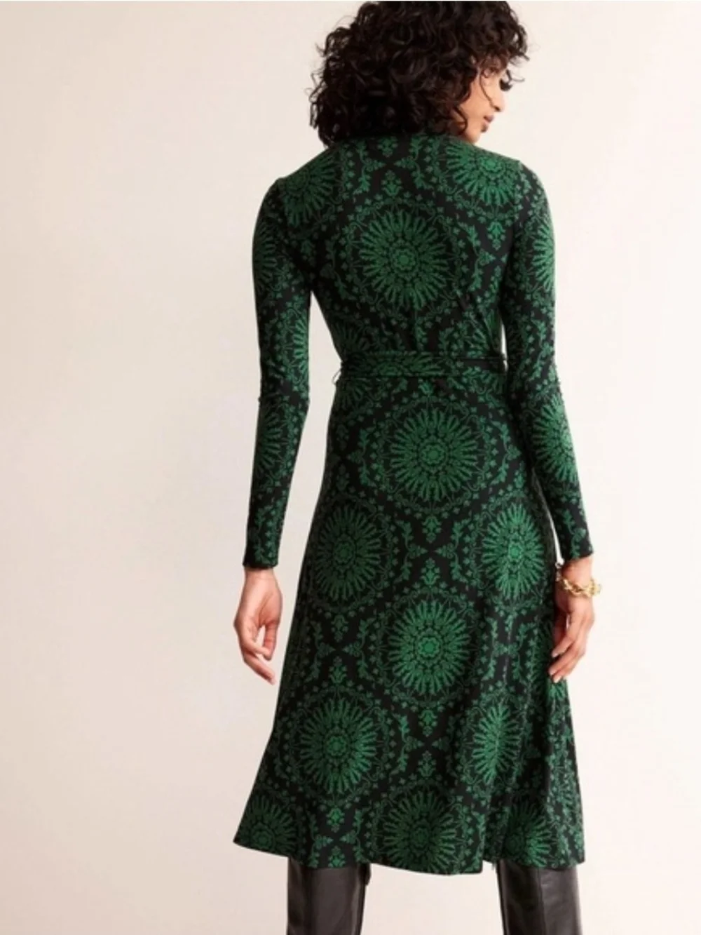 Boden Green & Black Long-Sleeve Jersey Midi Dress - Size 16/18R - Picture 2 of 9